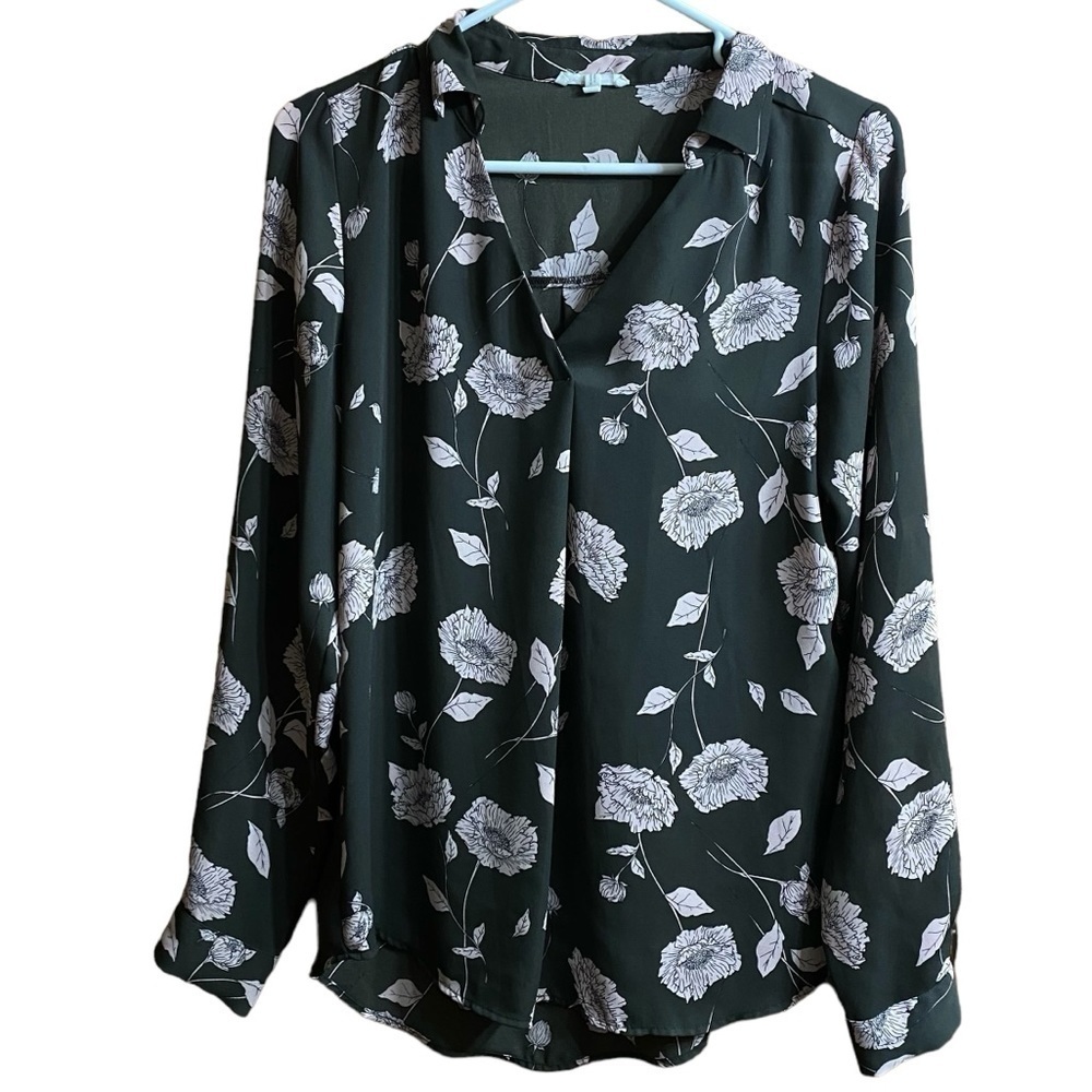 Maurices Brown Pink Floral Print Collared VNeck Long Sleeve Blouse Top Size S